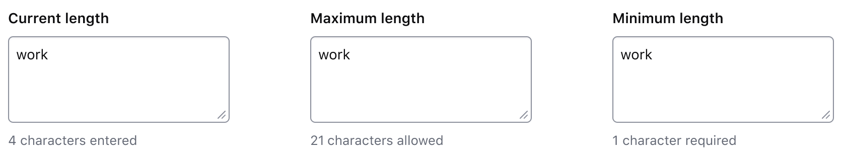 A workspace name textarea with the text "work" entered. If the character count is showing current length, it reads "4 characters entered". If maximum length, it reads "21 characters remaining". If minimum length, it reads "1 character remaining".